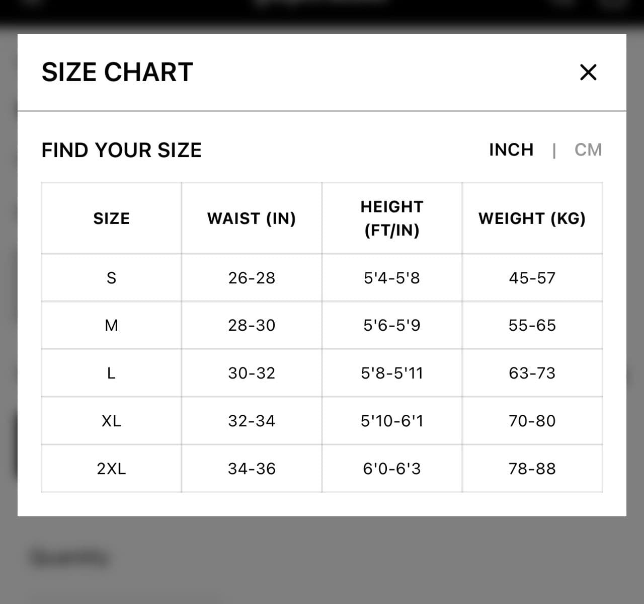 Pants size guide chart