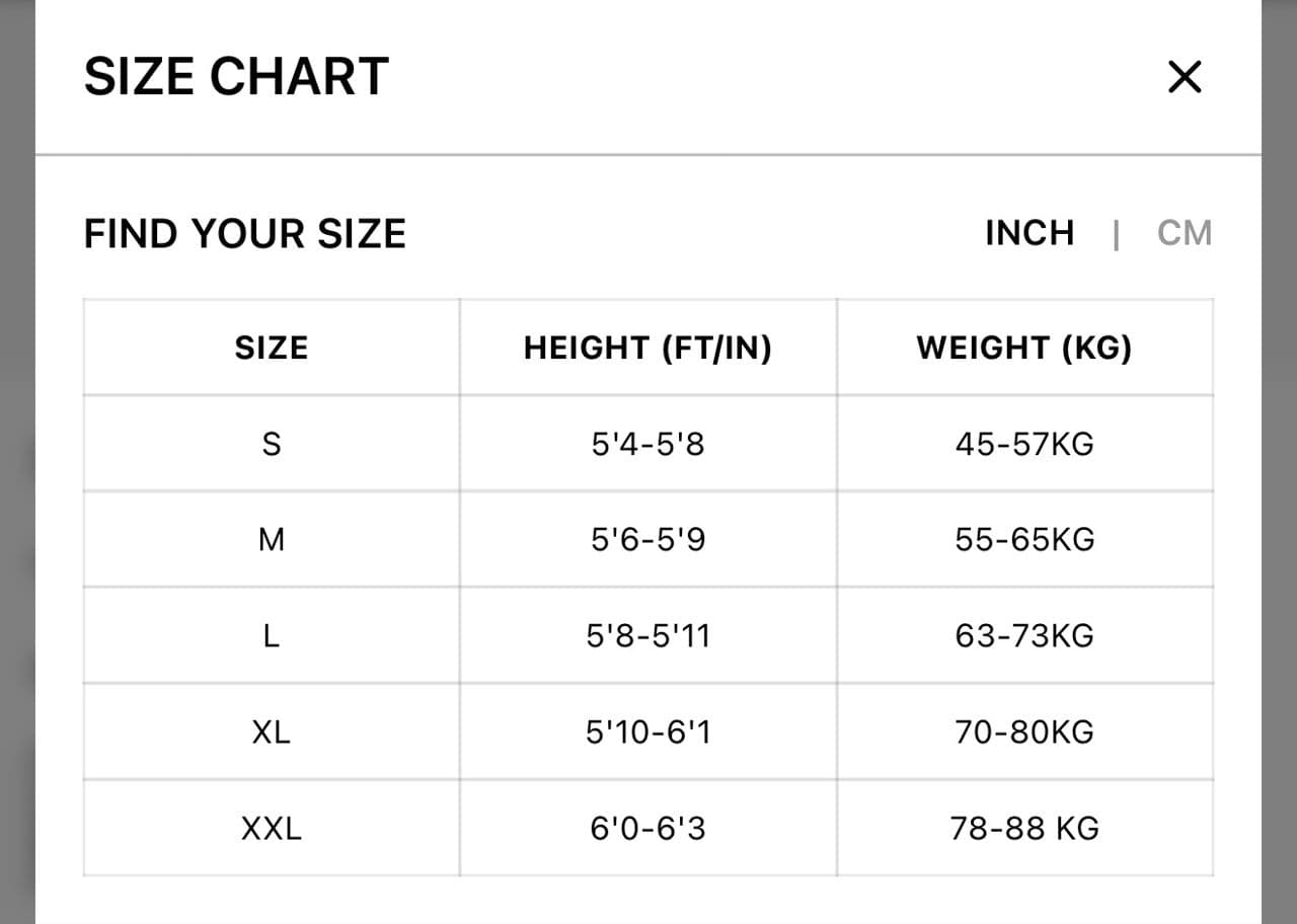 Top size guide chart