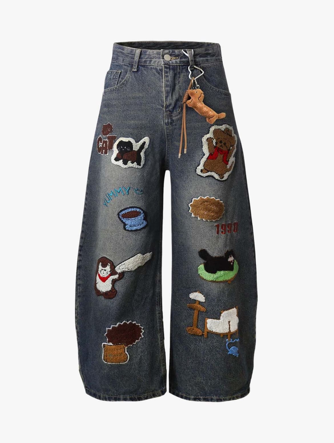 RETRO CARTOON GRAPHIC HEAVY EMBROIDERY BARREL JEANS