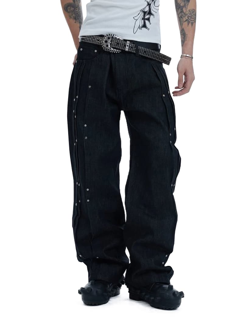 STUDDED PLEAT WIDE LEG DENIM JEANS