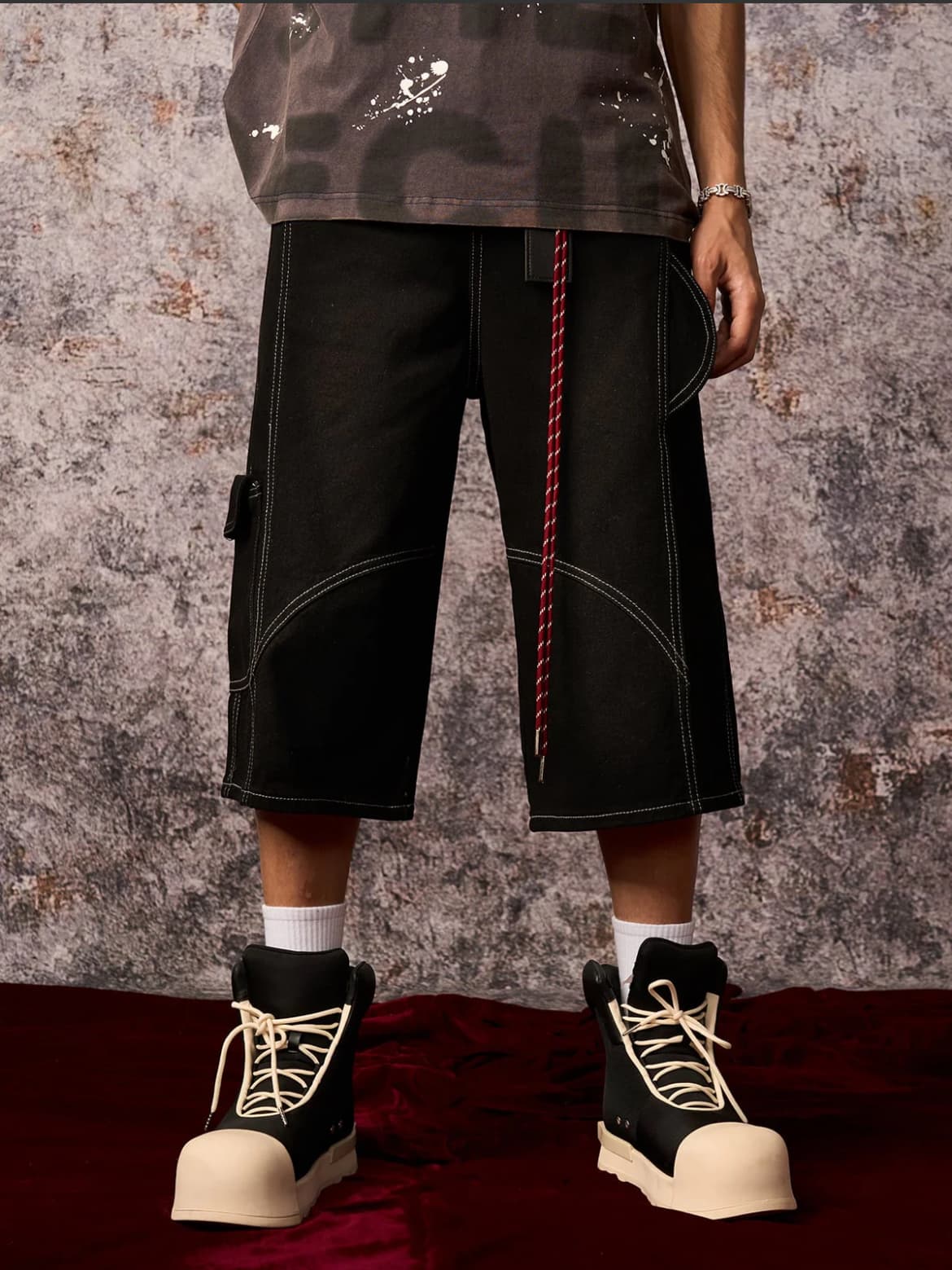 DENIM WELT EMBELLISHED CARGO JORTS BLACK