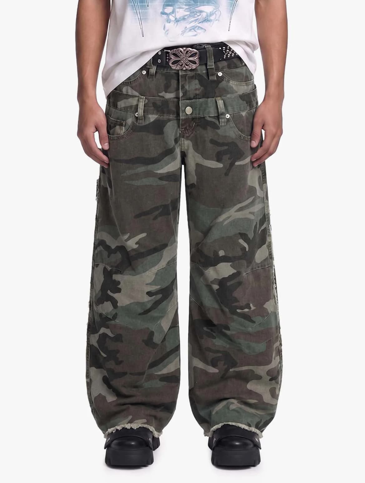 RETRO DOUBLE WAIST CAMOUFLAGE BARREL PANTS