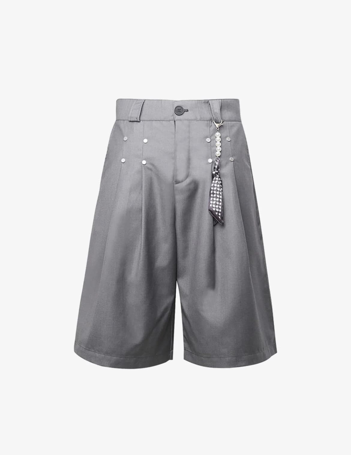 PLEATED DESIGN PENDANT DECORATION BAGGY SHORTS GREY