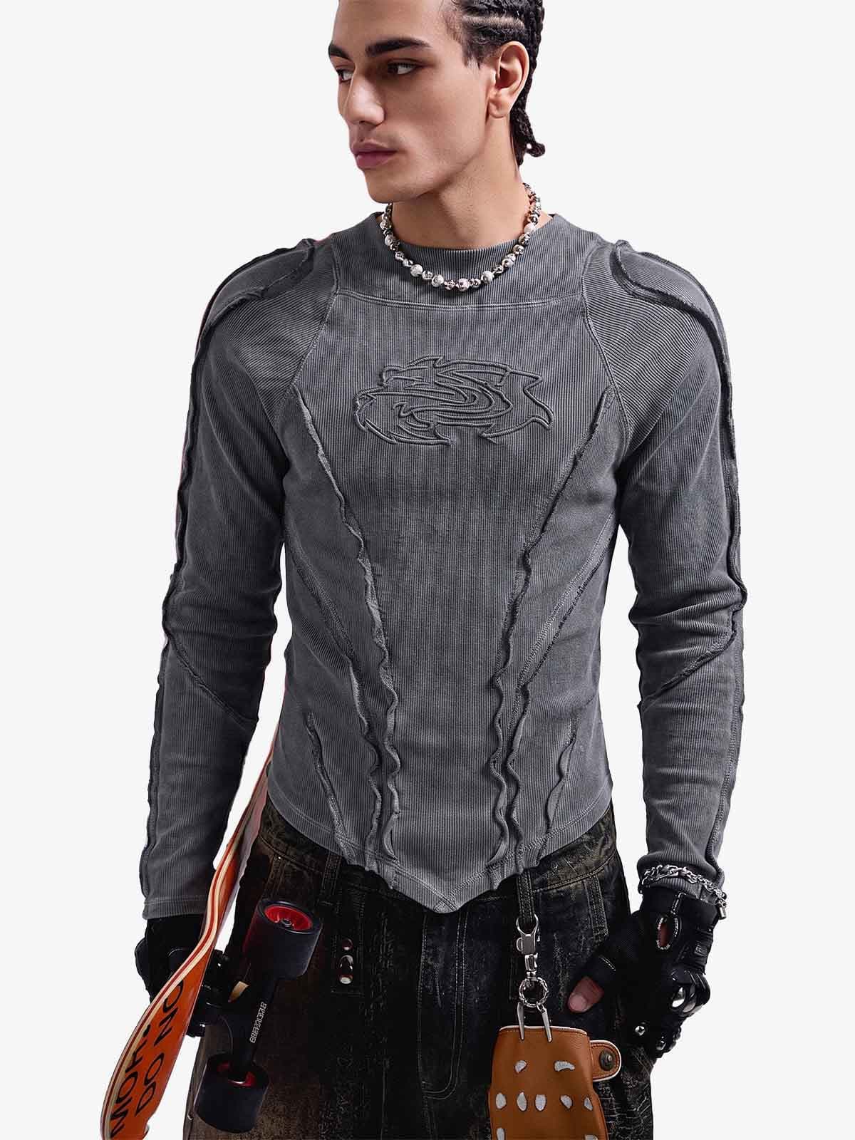 VINTAGE WASHED SCULPTED SEAM RIBBED LONG SLEEVE T-SHIRT DARK GREY